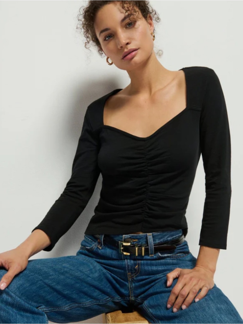 Nation LTD Black Square-Neck Ruched Long-Sleeve Top
